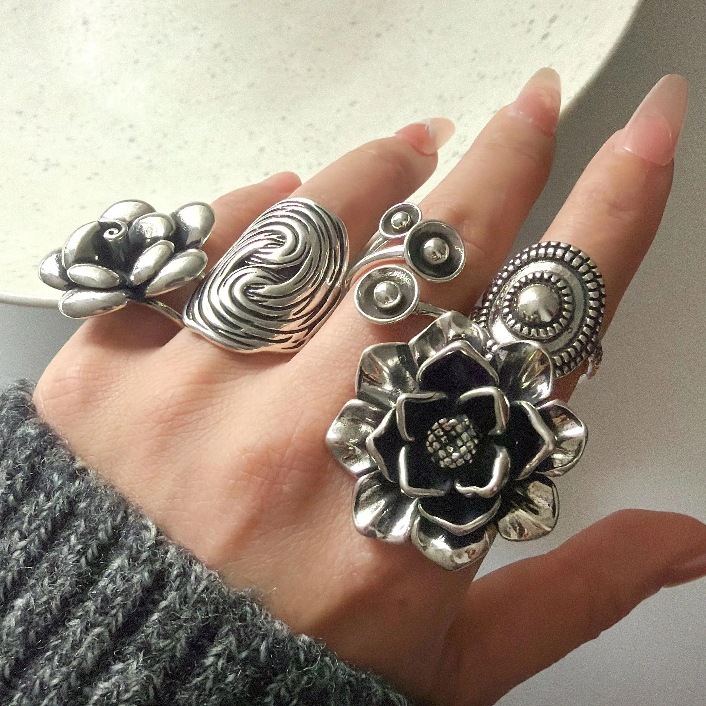925 Sterling Silver Stackable Ring Set for Women, Gothic Boho Vintage Floral Moon Abstract Statement Rings, Hypoallergenic Antique Ethnic Punk Layered Jewelry Gift for Her