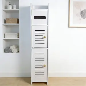 Narrow Bathroom Storage Cabinet with Door, Dust-Proof Top Flip Paper Holder, Minimalist Multi-Layer Design, Small Space Toilet Gap Shelf