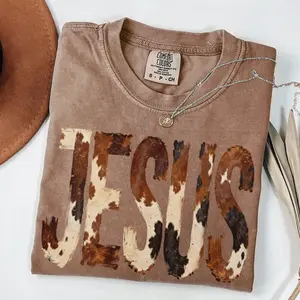 Comfort Colors Brushstroke Cow Print Jesus T-Shirt, Western Christian Tee, Faith Based Shirt, Cowboy Graphics, Jesus Shirt, Christian Cowboy TShirt