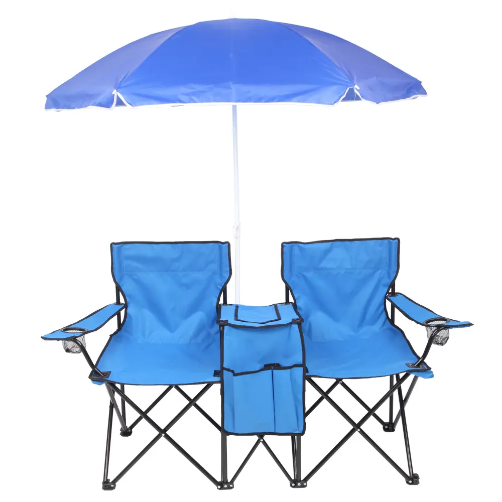 Portable 2-Seat Folding Camping Chair with Removable Sun Umbrella, Outdoor Folding Beach Chair, Steel Frame, Sun Protection Shade (Blue), Camping Folding Chairs