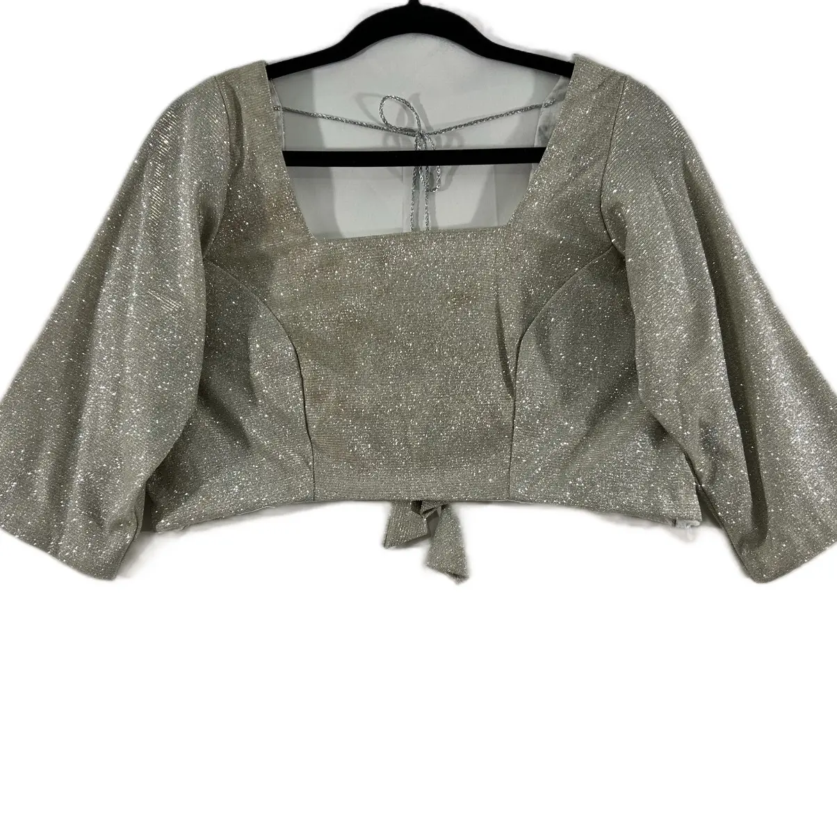 Trendy Women's Silver Shimmer Fitted Blouse with Stylized Deep Boat Back and Layered Tassel Dori Design, Matches a variety of Saree and Lehnga Choices.