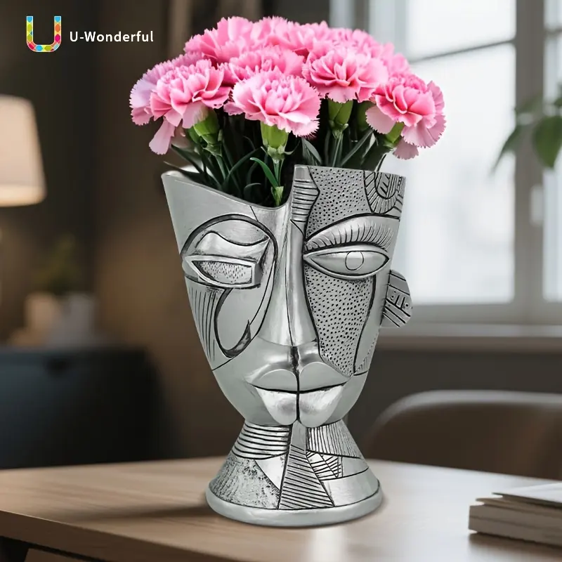 U-Wonderful Unique Abstract Silver Facial Flower Pot - Irregular Form, Plant-Friendly Succulent & Cactus Planter, Decorative Artistic Floral Accent Vase, Indoor/Outdoor Home Decor, Ideal Gift Option, Decorative Vases, Artistic Design Vases