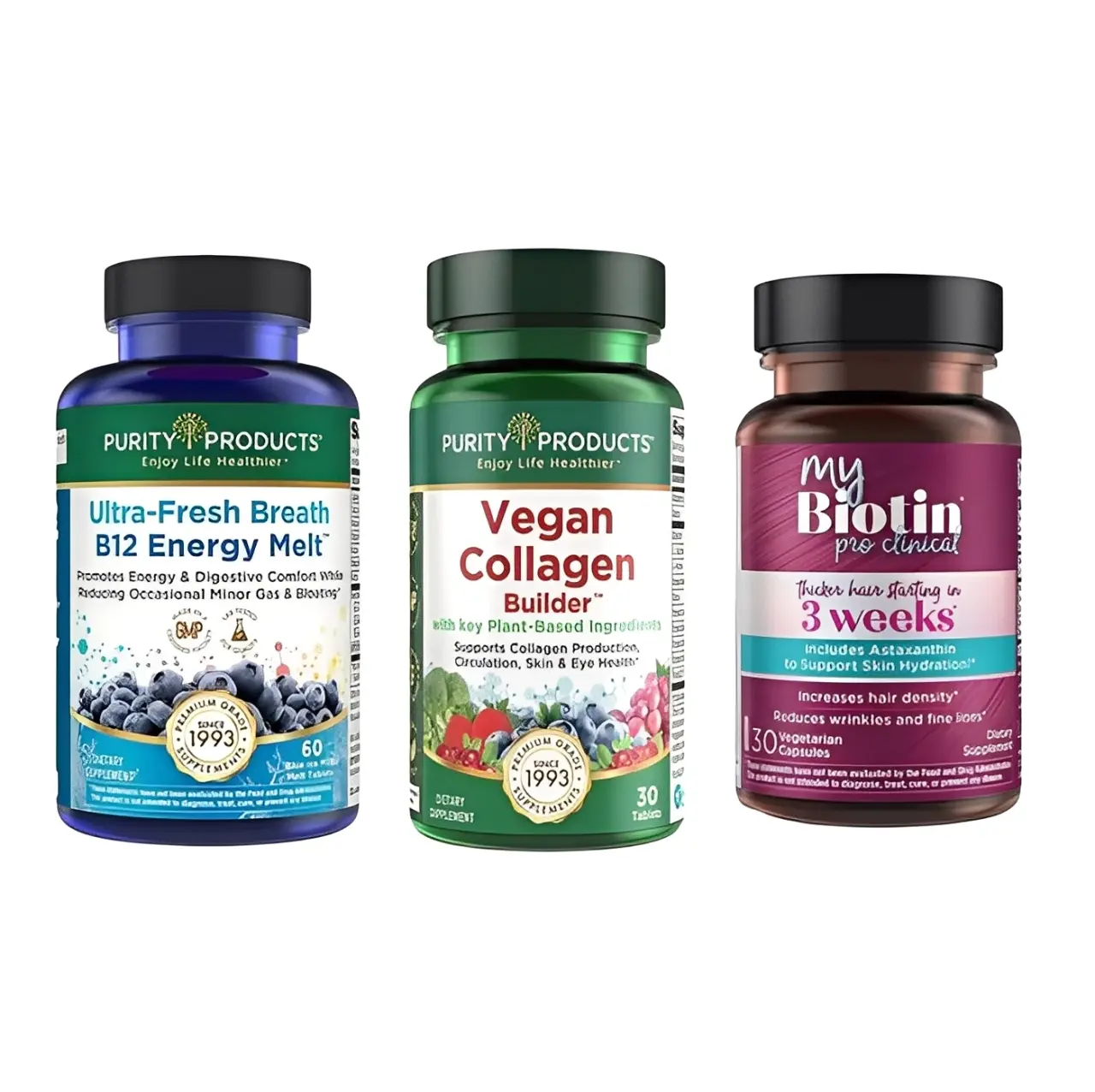 Purity Products Summer #GlowUp Bundle - Supplement Stack for Hair, Skin, Breath, & Nails with MyBiotin ProClinical, B12 Energy Melts, & Vegan Collagen Builder for Healthy Glow and #SummerVibes