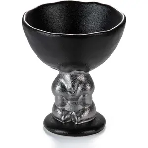 Ceramic Candle Holder with Silver Rabbit Figurine Base - Matte Black Scalloped Bowl Pedestal Stand for Pillar Candles, Animal-Inspired Black Rabbit High-Foot Bowl Candle Holder