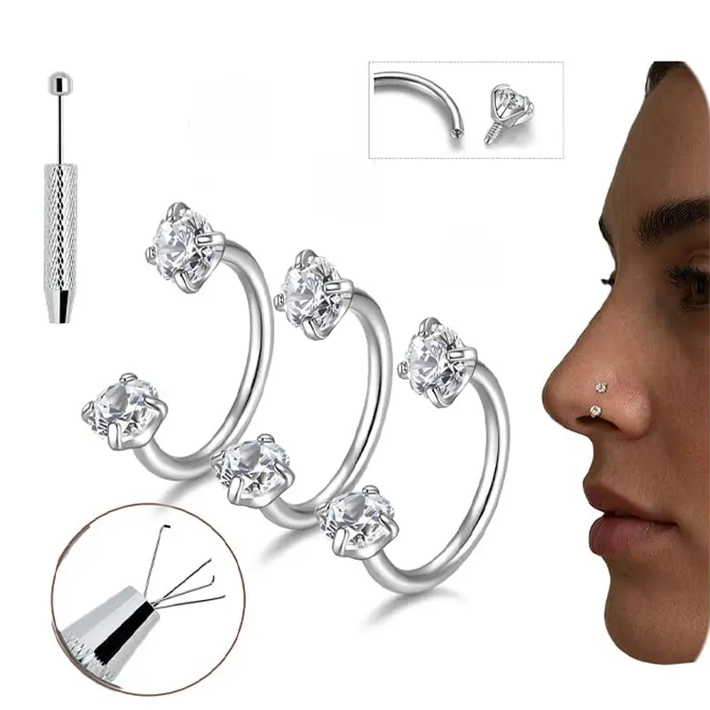 4PCS 20G Horseshoe Nose Ring for Women 6mm 7mm 8mm Surgical Steel Double Gem Horse Shoe Hoop Nose Studs Piercing Jewelry Hypoallergenic Silver Gold Septum Ring Lip Helix Tragus Daith Piercing Jewelry Body Jewelry