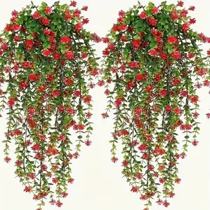 Lifelike UV-Resistant Faux Eucalyptus Hanging Plant with Realistic Green Vines & Red Flowers Durable Plastic for Outdoor & Indoor Decor Easy Install Year-Round Ambiance