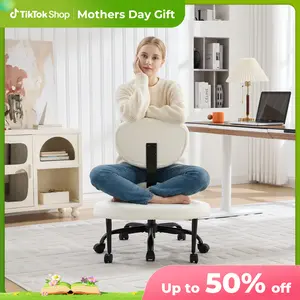 [summervibes] EBELLO Ergonomic Cross Legged Chair, 360° Swivel Meditation Chair with Wheels, Height Adjustable Seat for ADHD, Teddy Fabric, Strong Lumbar Support, Chic Home Office Furniture, Cheap Furniture