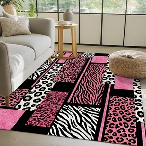 Pink leopard and zebra print patchwork, modern eclectic style Living room rug, Animal Print Rug, easy to clean, suitable for hallway, living room 15-25 sqm, kitchen, bedroom 1.5m-1.8m single/double bed