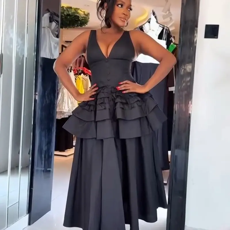 Women's 3-Piece Ruffled Formal Evening Gown - Sleeveless Deep V, Ruffled Waist A-Line Maxi Skirt, Earrings, Comfortable Fabric, Covered Buttons, Elegant Party Dress for Birthday Events, High-End Dinners, Formal Wear, Structured Fabric, Structured Fabrics
