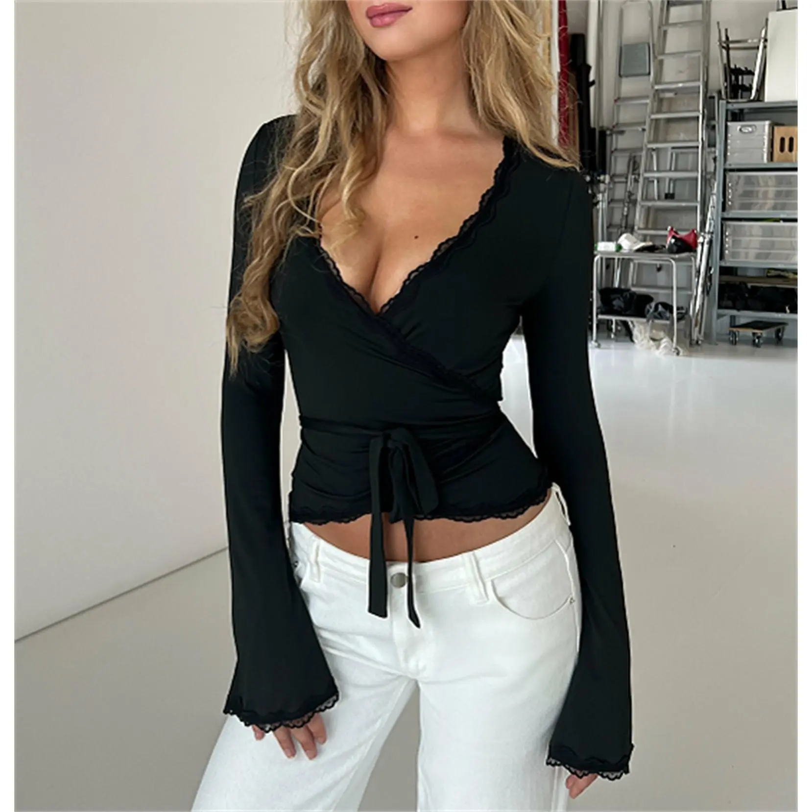 Women Vibrant Wrap Top Long Sleeve Deep V Neck Cross Tie Workout Ballet Pilates Yoga Shirt Lace TrimFitted, effortless layering, chic everyday, refined casual, versatile piece
