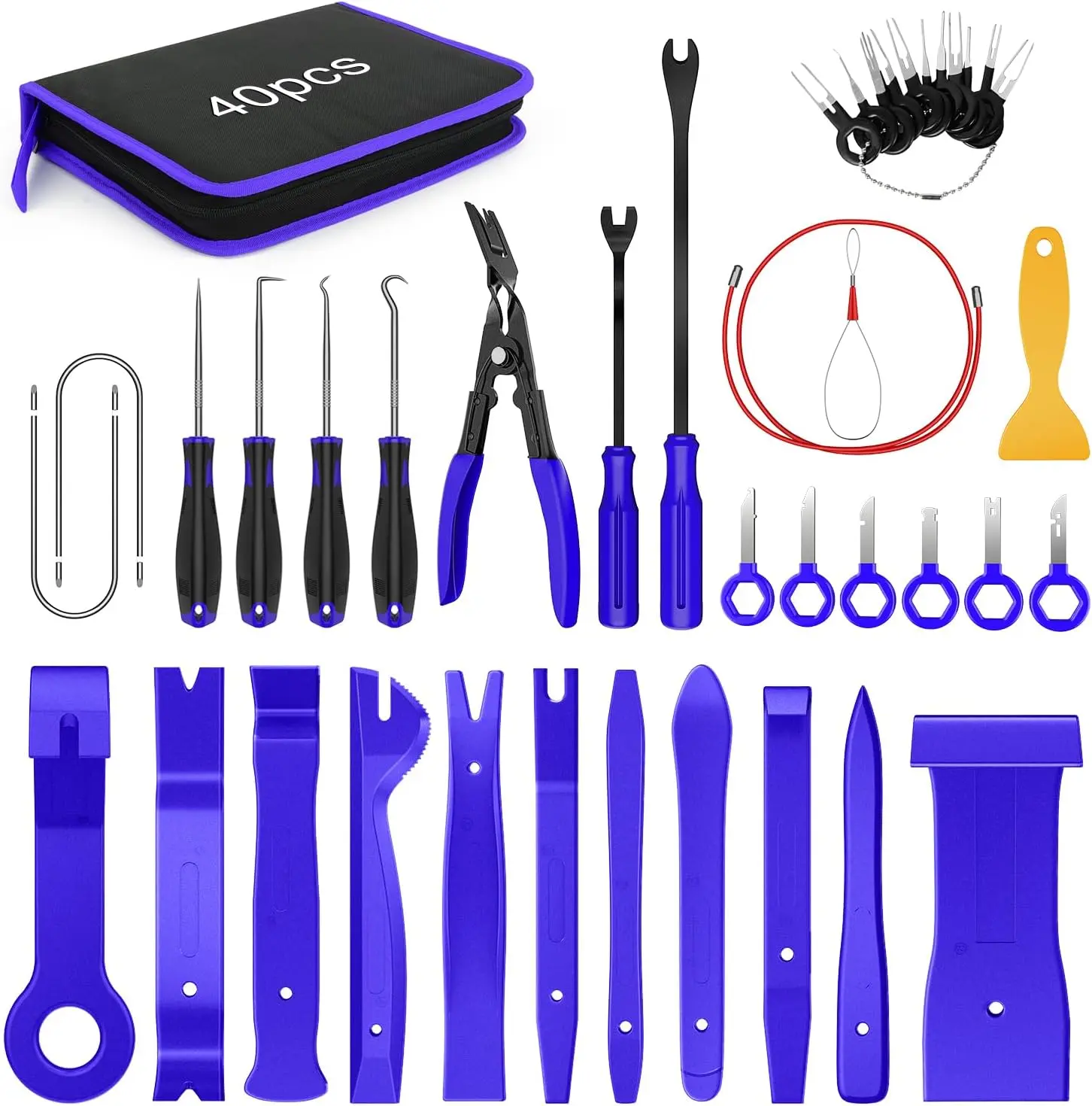 Nilight 40-Piece Portable Impact-Resistant Automotive Maintenance Tools Kit - Auto Trim Remover, Terminal Removal Keys, Clip Pliers, Stereo Extractor, Upholstery Repair Pry Tool, Precision Hook & Pick, Wiring Threader, Car Film Scraper (Blue), Multi-Tool