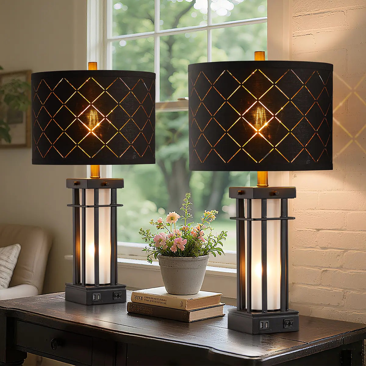 Industrial 25" Black Lamps with Night Light + USB Charging (Set of 2)