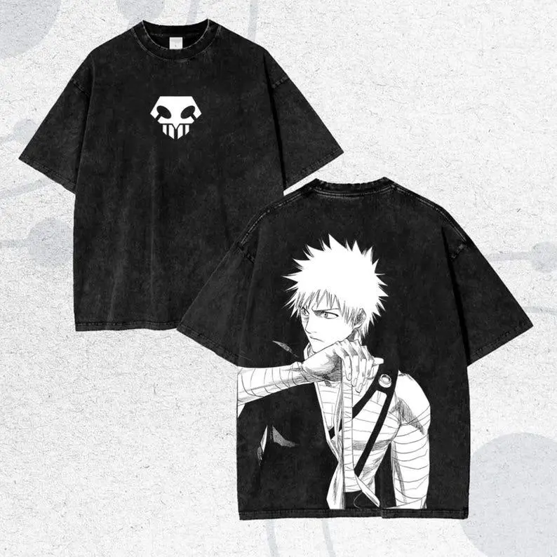 Unisex Distressed Anime Graphic T-Shirt, Short Sleeve Round Neck Top for a Whimsical Look - Soft Washed Streetwear, Comfortable Fit, Plus Size, Funny Bleach Anime Lover Distressed Washed, Distressed Print