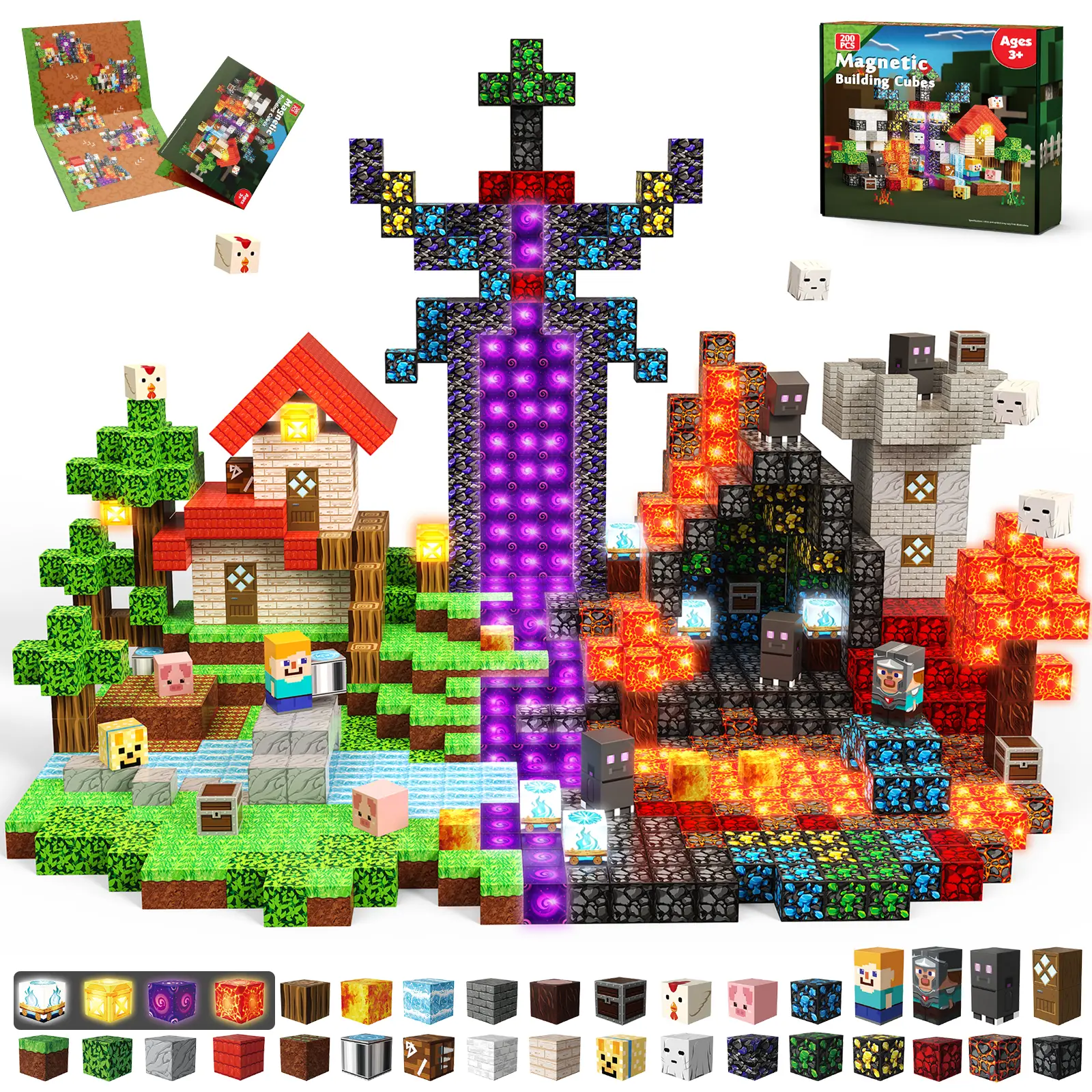 200 PCS Magnetic Blocks with Light Up Blocks - Magnetic Building Blocks, Magnetic Construction Cube Toys, STEM Sensory Learning Toys, Easter Christmas Birthday Gifts for Toddlers Boys and Girls Age 3+,summerwins summerwins