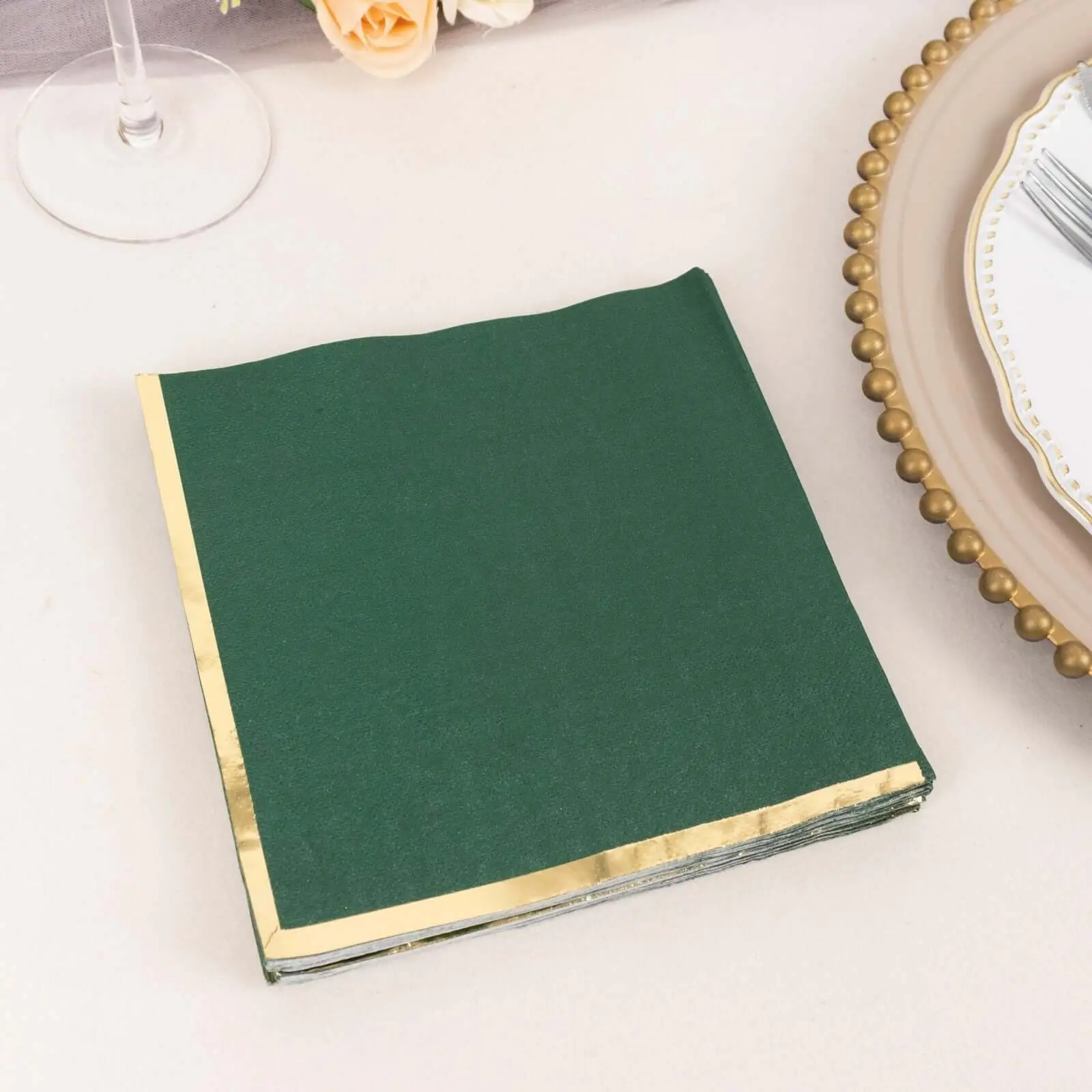 Pack of 50 Disposable 2-Ply Hunter Emerald Green Paper Beverage Napkins with Gold Foil Edge, 6.5"x6.5" Soft Cocktail Napkins - Party Supplies, Wedding & Birthday Essentials for Event Planners, Disposable Tableware, Pack Of 50 Napkins
