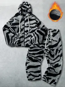 Zebra Print Hoodie Set, Comfortable Casual Home Wear, Thick Fabric, Fall & Winter Style, Fitted Design