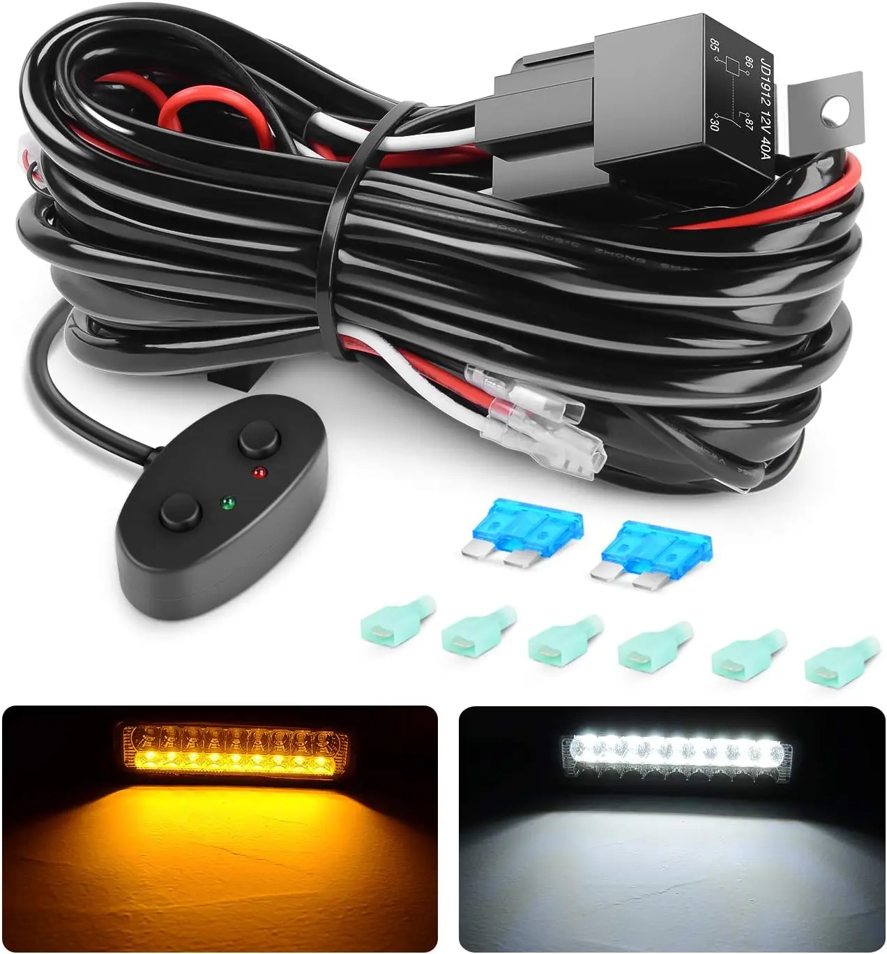 Nilight Amber White Dual Color Light Bar Wiring Harness Kit - 16AWG Wire, 12V Relay, 15A Inline Blade Fuse, Push Button Switch, 2 Under Dash Lighting Leads, Easy Install for Off-Road Driving, Work Light