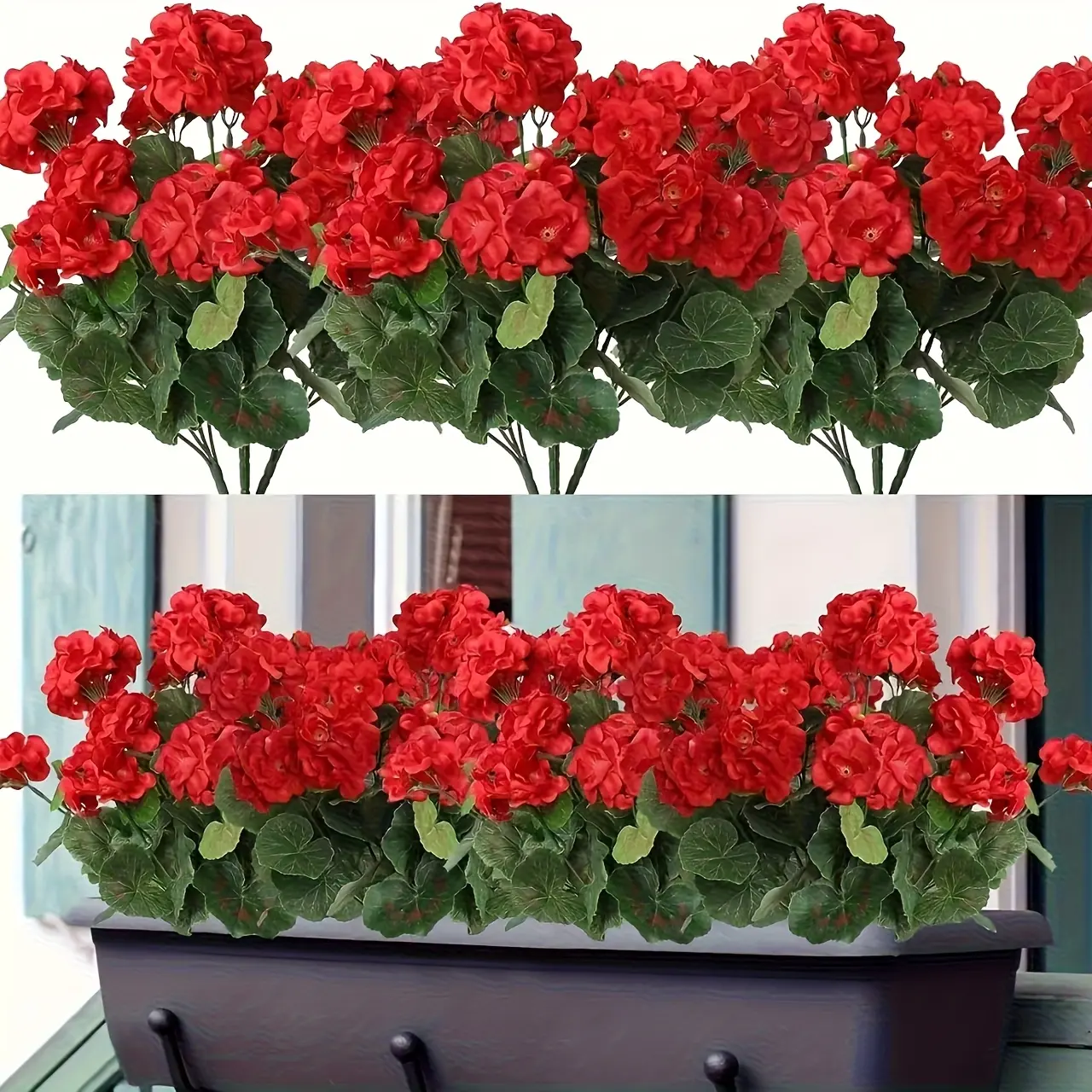 8 Bundles UV-Resistant Red Plastic Silk Artificial Geraniums, Decorative Ornaments for Outdoor/Indoor Hanging Pots, Porch Window Home Decor Accessories