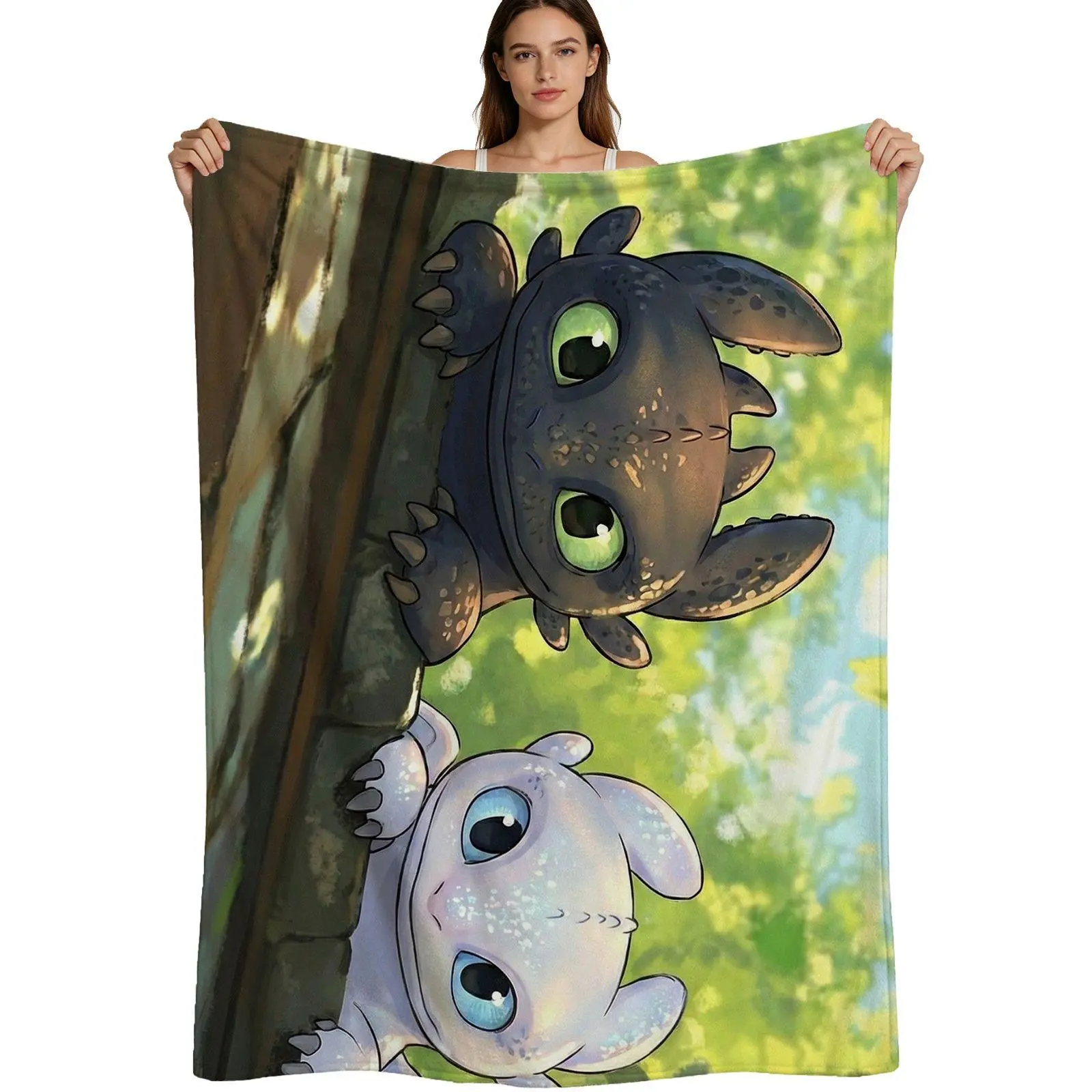 Cute Dragon Style, Warm Flannel Blanket, Toothless And Light Fury Pattern, Soft Plush Fabric Detail, For Kids Bedroom Decor, 4 Sizes Available Single Pack