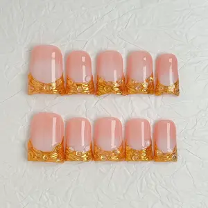 Acrylic Fake Nails Extensions, Glossy Luxury Gold Foil French Press-On Nails, Modern Nude Peach Ombre Metallic Texture, EMA Monomer-Secured Easy-Apply Design