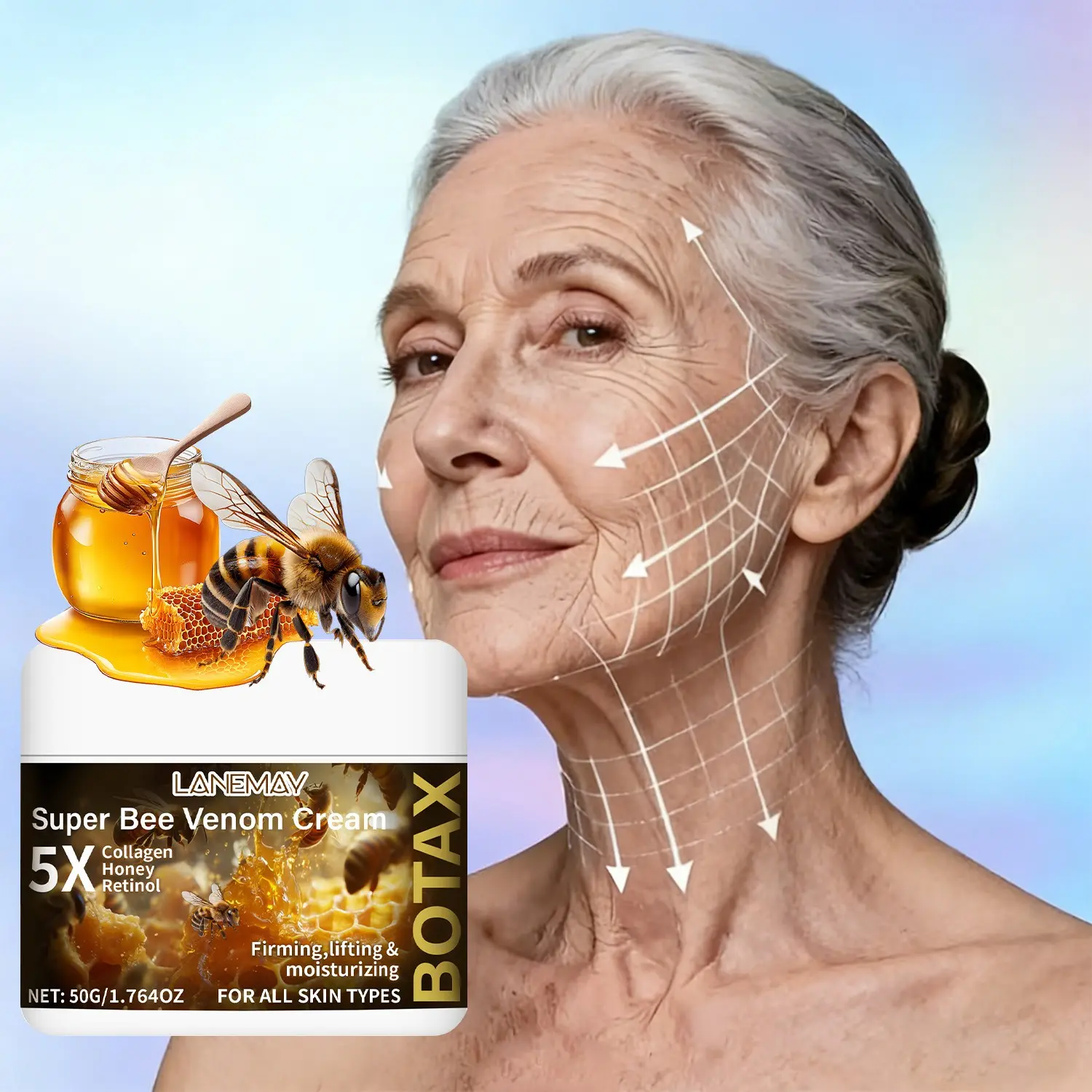 Super Bee Venom Face Cream Moisturizer 50g | Bee venom + 5x Collagen + Retinol + Honey, firms, lifts, moisturizes, and evens skin tone | Multi-functional, suitable for all skin types, improves skin elasticity, Moisturizing