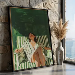 [SALE UP TO 50% + FREE SHIP]  Relaxed Woman in Green Striped Chair poster