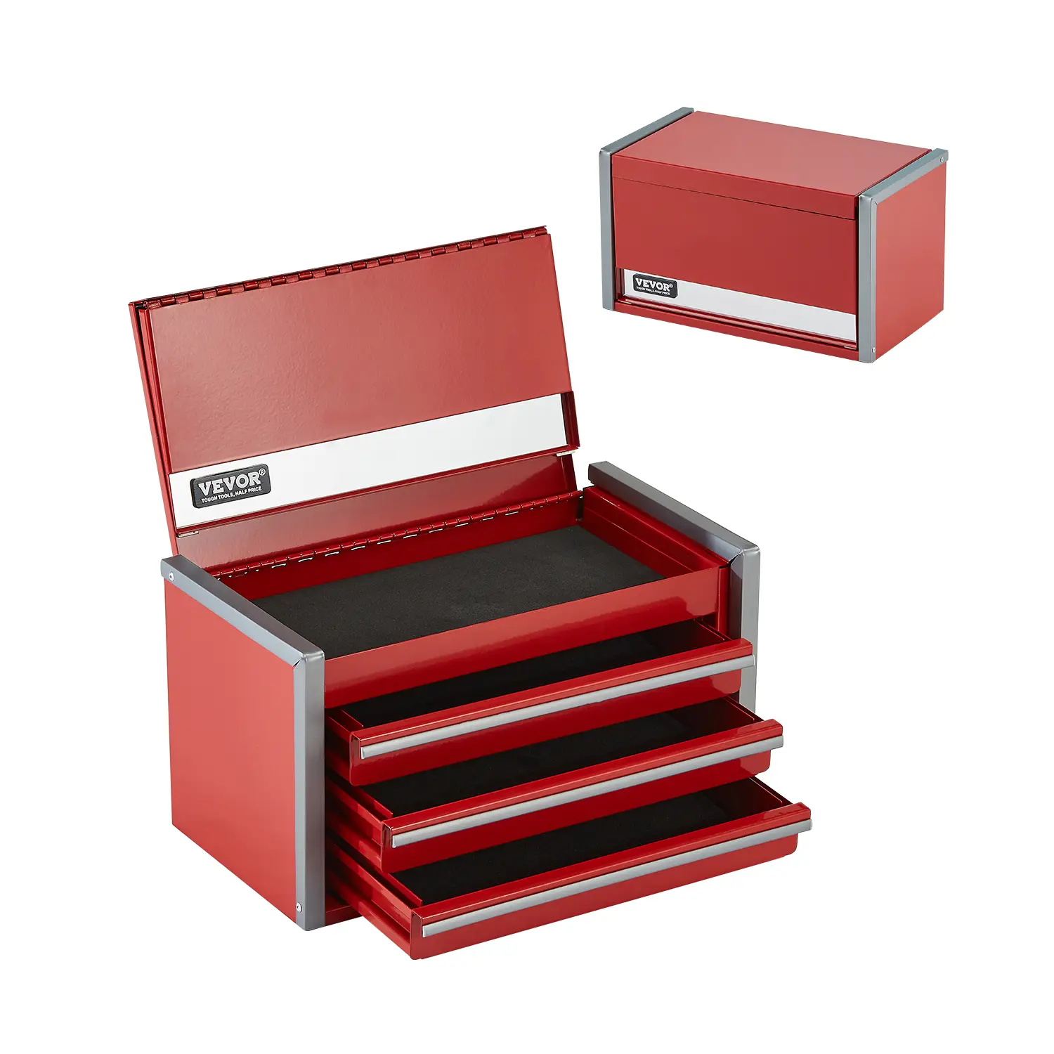 【summerfinds】VEVOR Metal Tool Box, 8.6-inch, Portable Metal Tool Box with 3 Drawers, Small Tool Chest with EVA Liners and PP Feet Pads, Heavy-Duty Steel With Ball Bearing Opening and Powder Coated Finish, Red