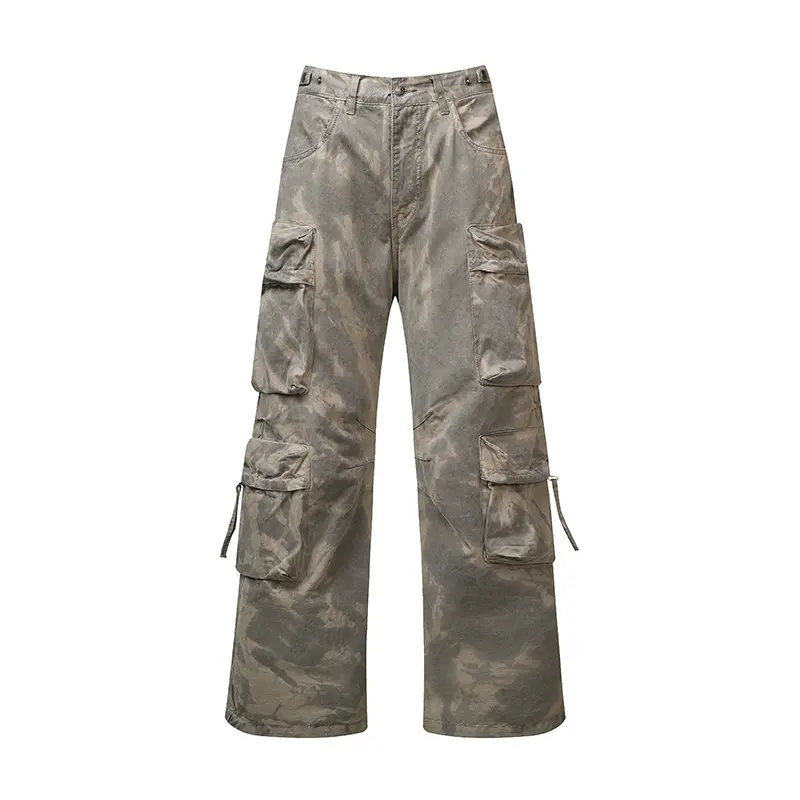 FAIABLE Unisex Washed Camouflage Cargo Pants Streetwear Baggy Wide Leg Utility Pants Multi Pocket Vintage Cotton Trousers Y2K Style for Men Women