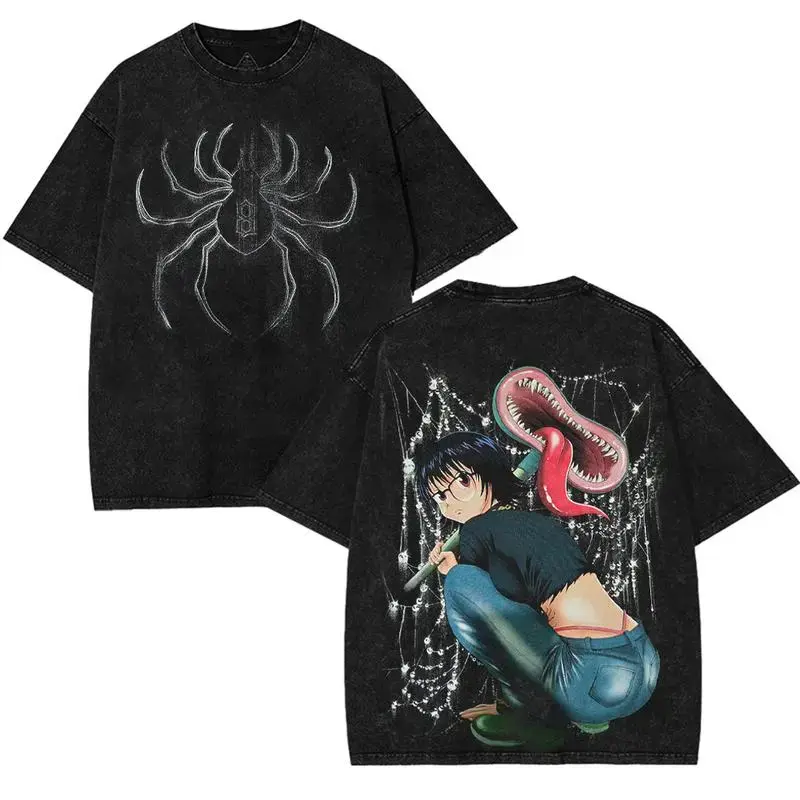 Hunter X Hunter Shizuku Murasaki Phantom Troupe T-Shirt – HXH Anime Manga Graphic Tee, Double-Sided Print, Acid-Washed Oversized Cotton Shirt, Casual Crewneck Short Sleeve Top, Men’s Streetwear Graphic Tee, Double-Sided Water Wash T-Shirt