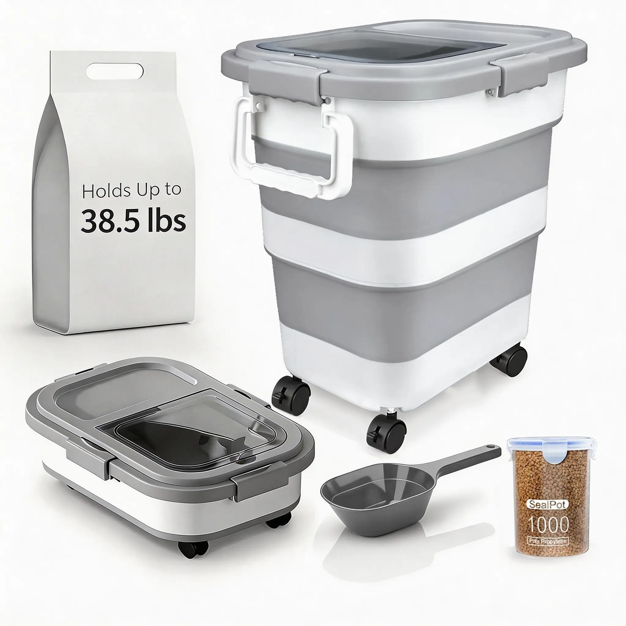 Large-Sized Airtight Pet Food Storage Container with Lockable Airtight Seal, Flexible Plastic Collapsible Bin, Cup & Scoop for Measure with Cup, Dog/Cat Food & Rice Dispenser to Prevent Spoilage (No Smart Devices), Prevents Spoilage