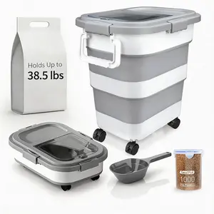 Large-sized Pet Dog Food Storage Container, Collapsible Airtight Rice Storage Container, Rice Dispenser Bin with Cup and Scoop for Flour Cereal Pasta Grain, Cat Bird, Complimentary spoon and measuring cup