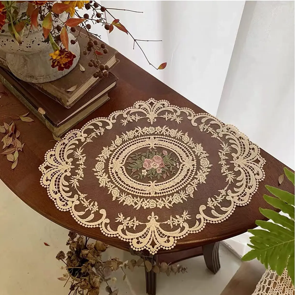 2Pack Retro Lace Placemats, French Crochet Doilies, Handmade Embroidered Table Mats, 12x16-in Beige Place Mats Cup Mat