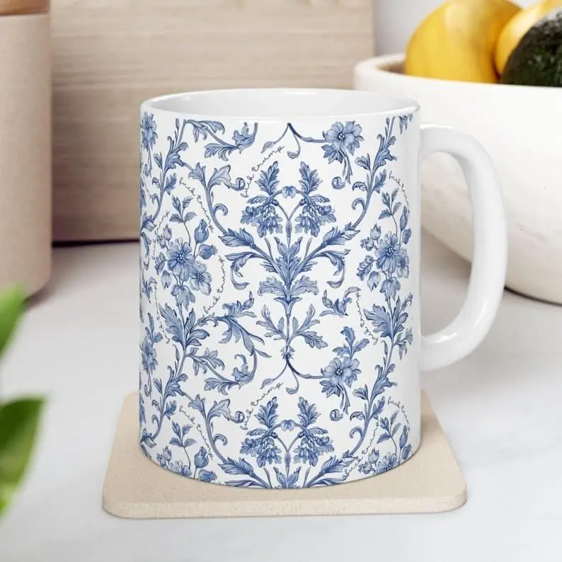 Glossy Classic Chinoiserie Ceramic Mug with Handle - 11oz 0-500ml Blue Floral Drinking Cup, Safe Material Washable Reusable Coffee Tea Drinkware, Subtle Satirical Anti-Trump Feminist Gift