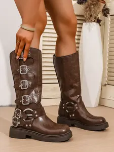 Motorcycle Boots Women Thick Sole Anti-Slip Daily Wear, American Vintage Style Mid-Calf Boots with Multiple Buckles, Western Inspired Boots