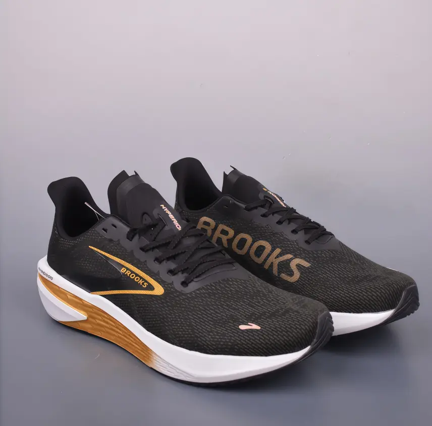 Black Gold Gradient Knit Mesh Max Cushion Running Shoes, Brooks Shock Absorb Marathon Trainers, Breathable Anti-Slip Long-Distance Road Sneakers For Men & Women Jogging