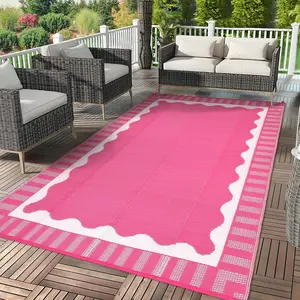 Scalloped RV Rugs for Outside Patio Rugs Outdoor Waterproof, Modern Border UV Resistant Reversible Rug, Foldable Plastic Straw Carpet for Picnic, Backyard, Porch, Beach, Camper, Hot Pink