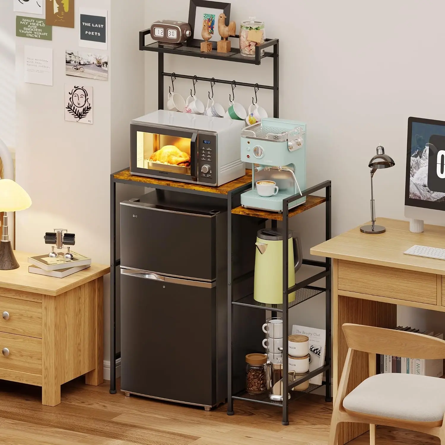 Over Mini Fridge Storage Shelf Fridge Stand for Dorm with 5 Lockable Hooks Kitchen Bakers Rack, Coffee Bar, Microwave Oven Stand, Wine Cabinet, Refrigerator Stand for Apartment, Living Room, Office