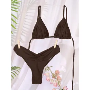 New Swimsuit Solid Color Bikinis One Piece Suit Women Swimwear Bandage  Bathsuit Low Waist Bathwear Triangle Biquini