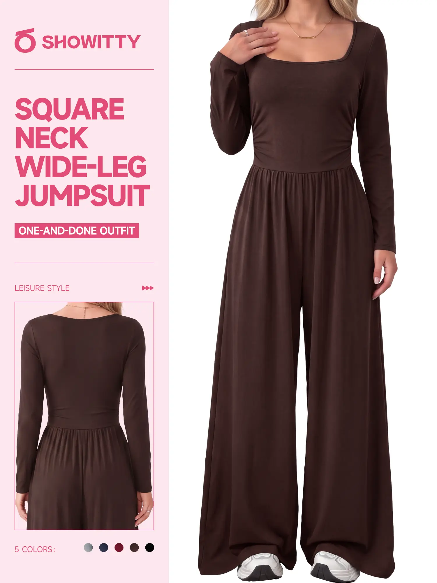 【One & Done】SHOWITTY Womens Long Sleeve Wide Leg Jumpsuit Square Neck Stretchy One Piece Outfit Casual Romper