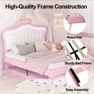 Full /Queen Size Upholstered Princess Bed Frame with LED Lights Crown Headboard