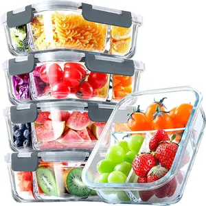 AISOON 5-Pack (36oz) Borosilicate Glass Meal Prep Containers with Airtight Lids, 3 Compartment Glass Lunch Containers, Food Prep Lunch Box, Bento Box, Microwave, Oven, Freezer & Dishwasher Safe, Leakproof, Food Storage