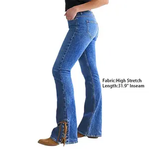 Flamingal Wash Grommet Eyelet Tie Mid Waist Flare Leg Jeans