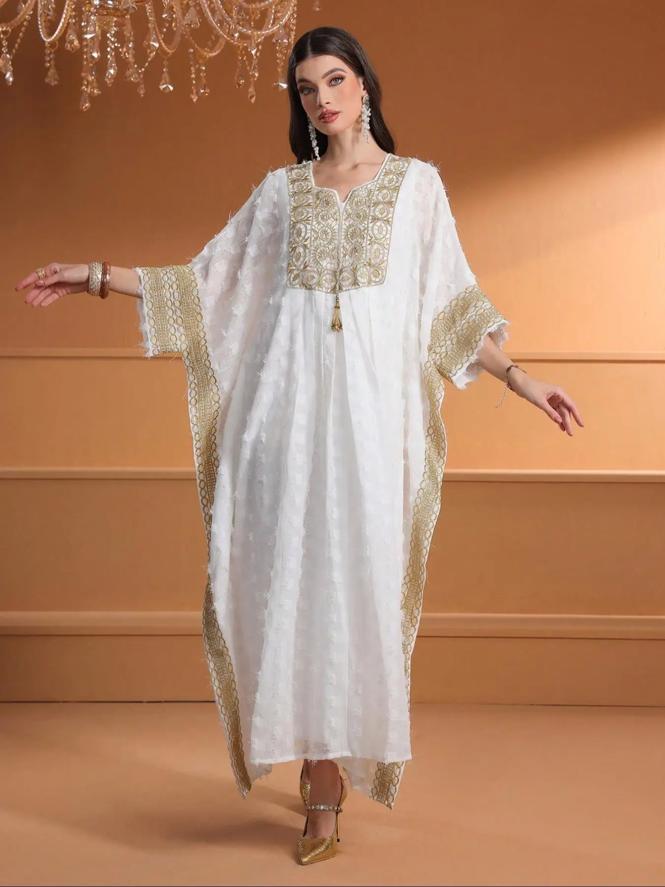Women's Geometric Embroidered Dresses, Elegant Long Sleeve Muslim Dress for Spring & Fall, Ladies Islamic Kameez Clothing for Daily Wear, Classy Dress
