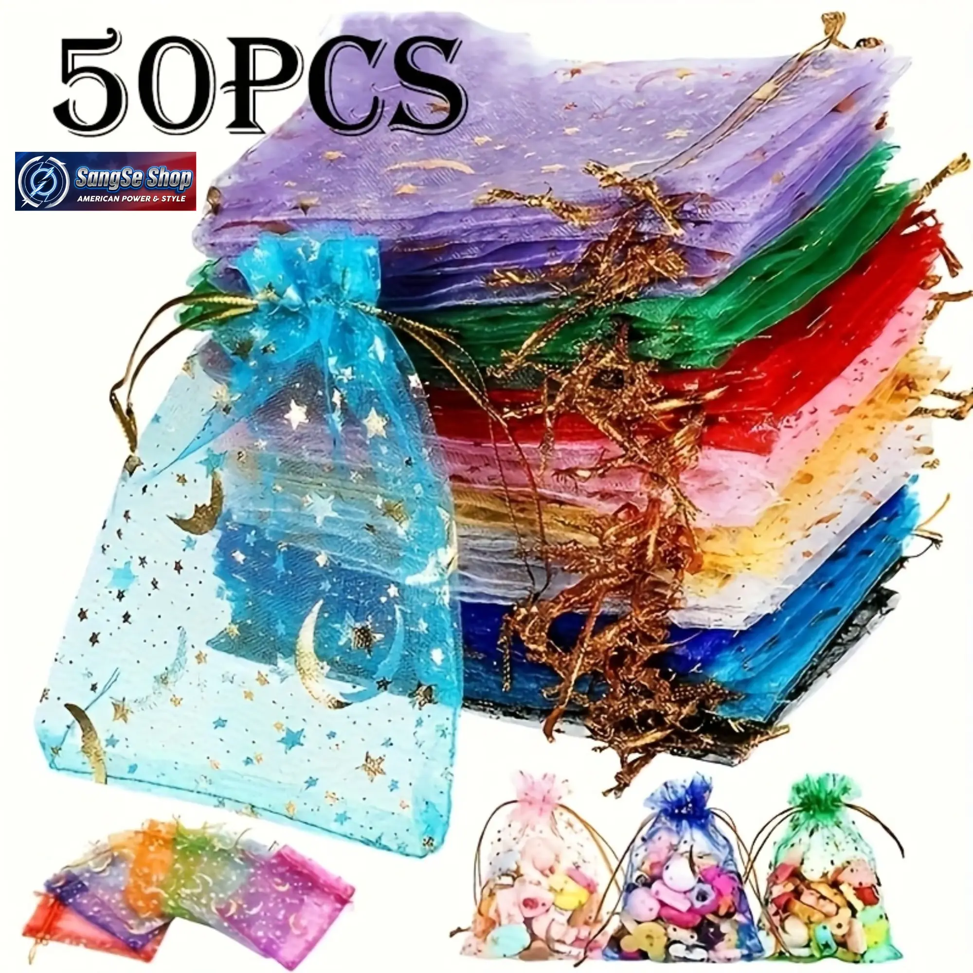 50-Pack Random Color Moon & Star Pattern Mesh Candy Gift Bags, Multicolor Drawstring Organza-Style Transparent Storage Pouches, DIY Bag Accessories for Wedding, Christmas, Holiday Gift Wrapping, 50 Pieces & Random Color Goodie Bag Filler