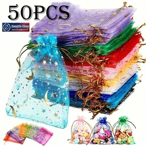 50-Pack Random Color Moon & Star Pattern Mesh Candy Gift Bags, Multicolor Drawstring Organza-Style Transparent Storage Pouches, DIY Bag Accessories for Wedding, Christmas, Holiday Gift Wrapping, 50 Pieces & Random Color