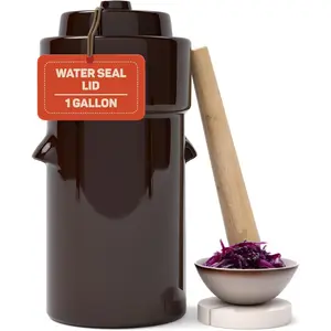 Fermentation Crock 1 Gallon - Sauerkraut Crock with Lid, Weights & Pounder - Fermenting Crock Kit for Pickling Cabbage Kimchi Vegetables - 4 Liter Fermentation Jar - Stoneware Pickle Pot