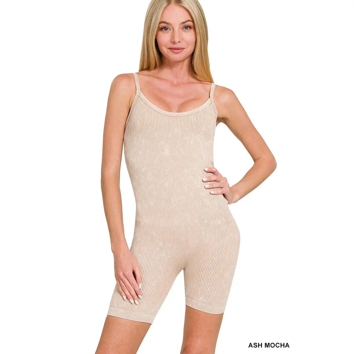 Zenana Stone Washed Ribbed Seamless Romper