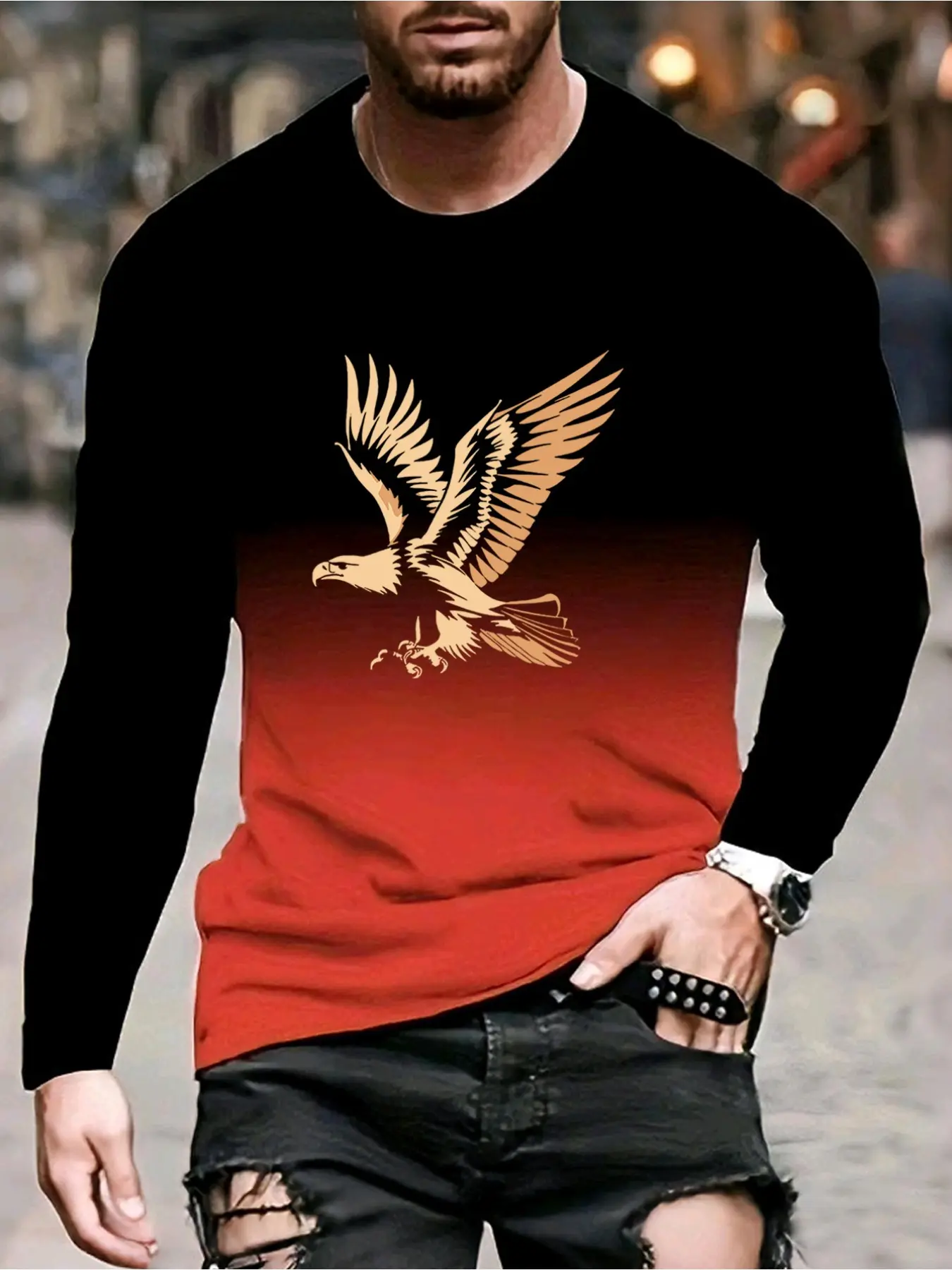 Men's 3D Gradient Eagle Pattern Long Sleeve Crewneck T-Shirt, Casual Streetwear Fitted All over Print, Long Clothing, All Seasons Wear, Menswear Graphic Artwork Tee