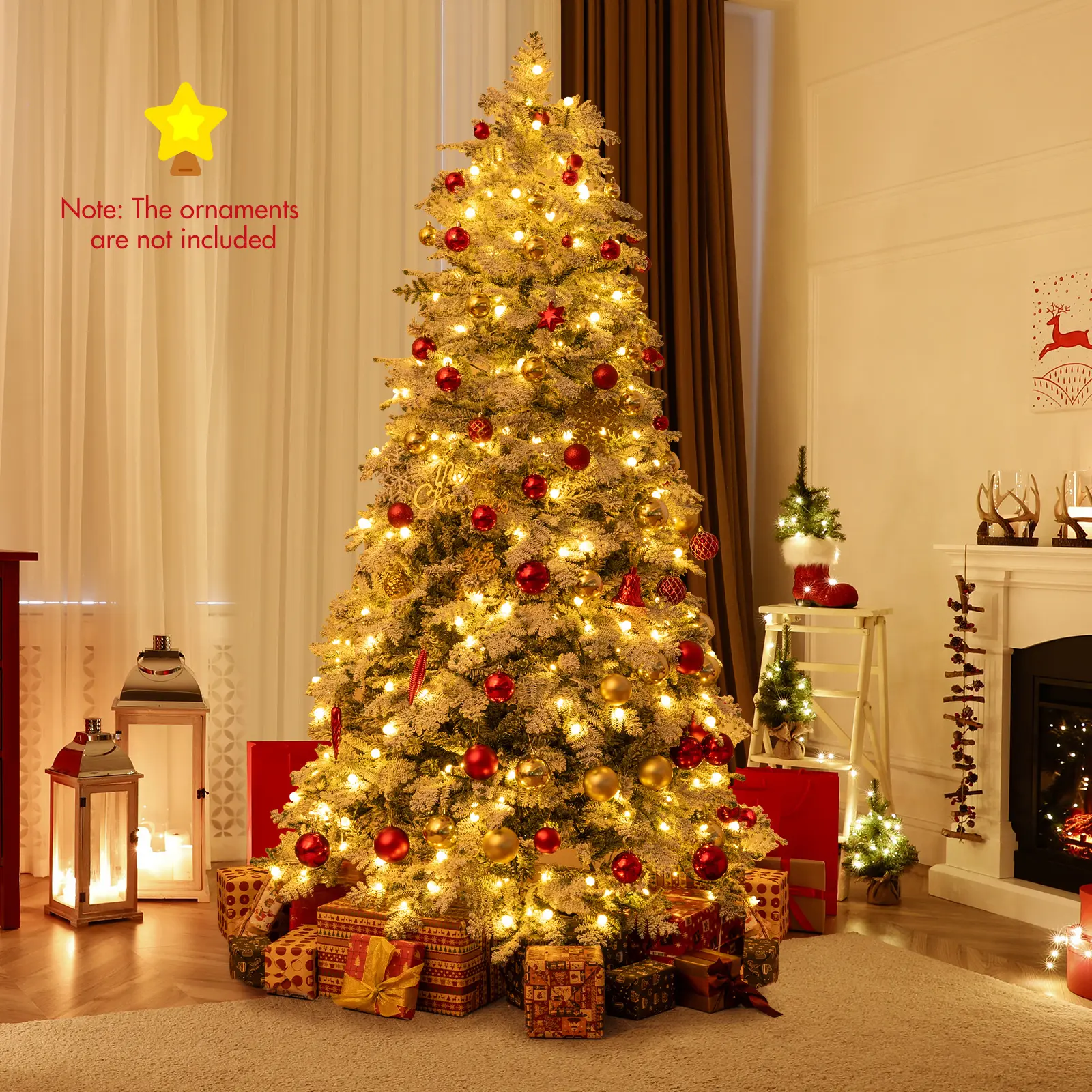 COSTWAY - 6/7 Feet Artificial Snow-flocked Christmas Tree Pre-lit Hinged Xmas Tree with 130 Twinkle Balls-7 Feet