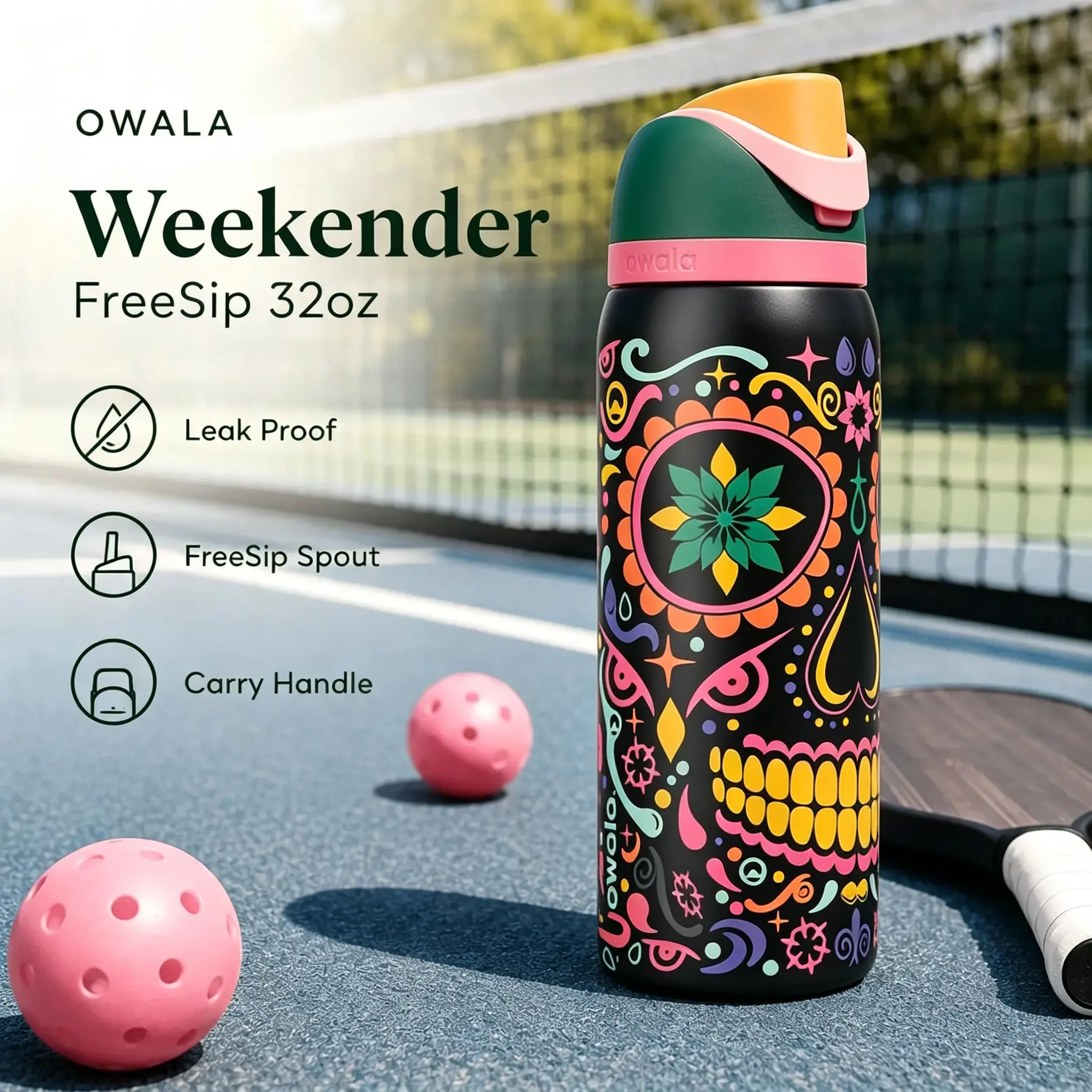 Owala Weekender 32oz Insulated Stainless Steel Vacuum Flask, Lightweight Portable Wide Mouth Glossy Sugar Skull Floral Print FreeSip Spout Leakproof Travel Cup With Carry Handle For Pickleball, Hanging, Plastic, Silicone